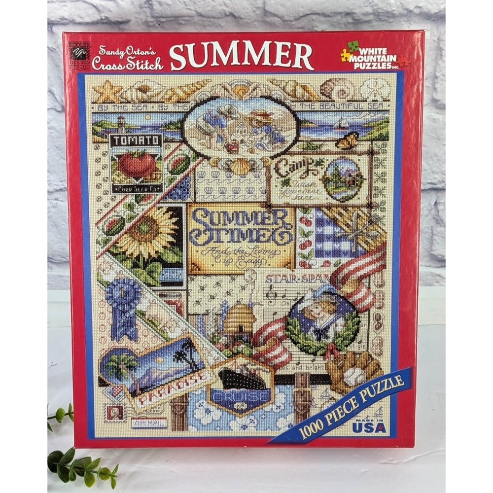 RARE MADE USA!☀️Summer Sandy Orton's Cross Stitch 1000 Jigsaw Puzzle White Mtn